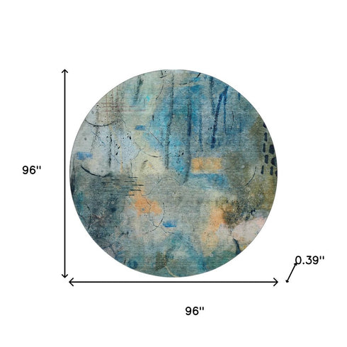 8' Teal And Green Abstract Washable Round Rug With UV Protection