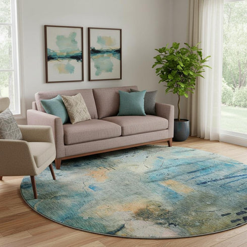 8' Teal And Green Abstract Washable Round Rug With UV Protection