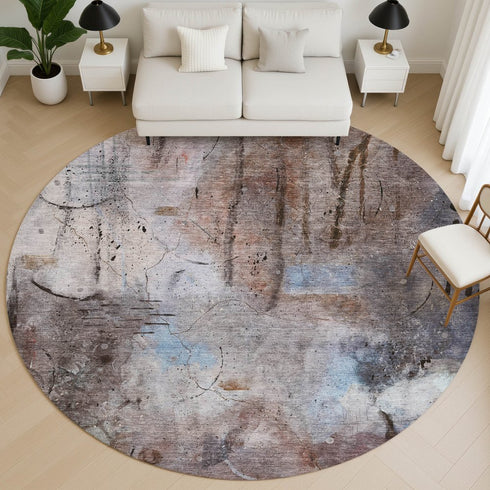 8' Taupe And Gray Abstract Washable Round Rug With UV Protection