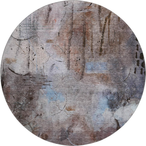 8' Taupe And Gray Abstract Washable Round Rug With UV Protection