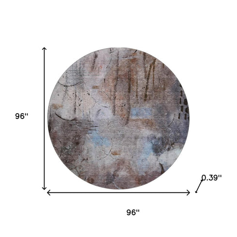 8' Taupe And Gray Abstract Washable Round Rug With UV Protection