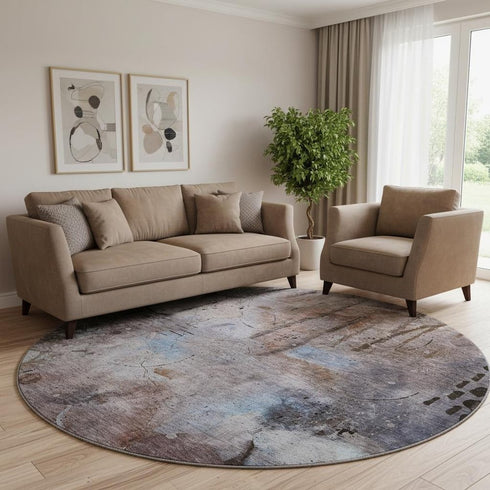 8' Taupe And Gray Abstract Washable Round Rug With UV Protection