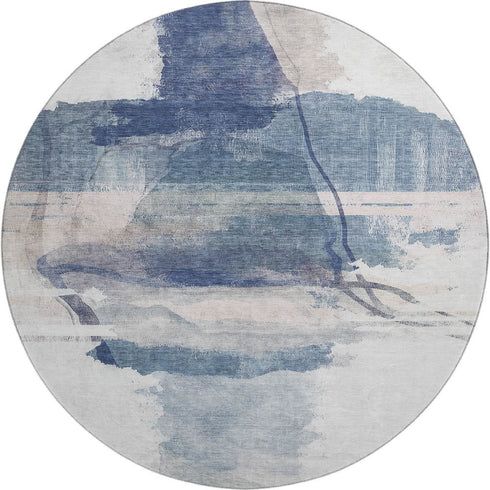 8' Blue And Ivory Abstract Washable Round Rug With UV Protection