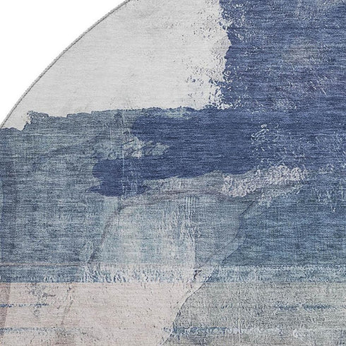 8' Blue And Ivory Abstract Washable Round Rug With UV Protection