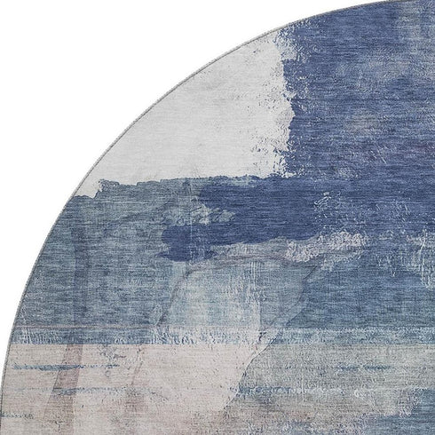 8' Blue And Ivory Abstract Washable Round Rug With UV Protection