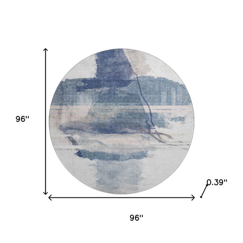 8' Blue And Ivory Abstract Washable Round Rug With UV Protection