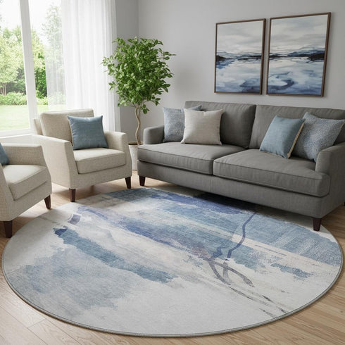 8' Blue And Ivory Abstract Washable Round Rug With UV Protection