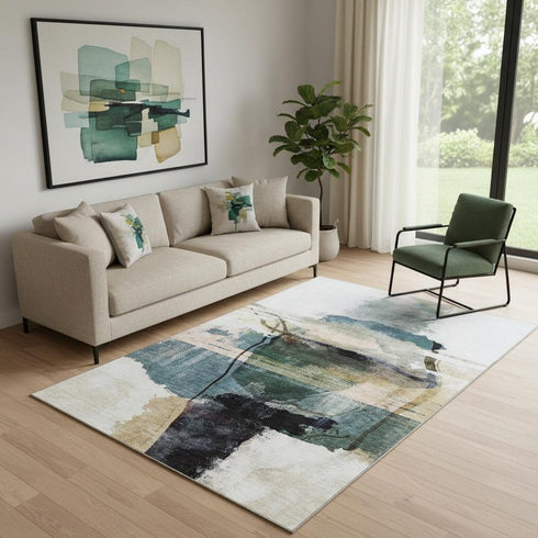 5' X 8' Green And Ivory Abstract Washable Area Rug With UV Protection