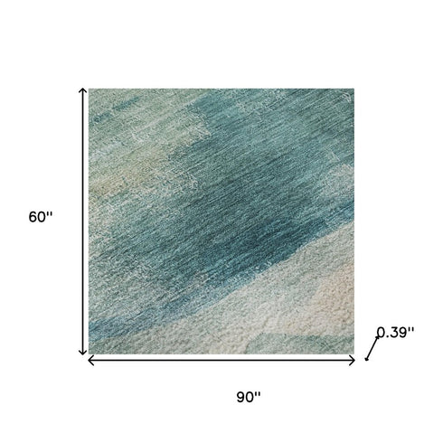 5' X 8' Teal And Ivory Abstract Washable Area Rug With UV Protection