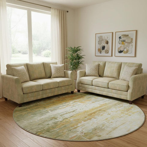 8' Sage And Ivory Abstract Washable Round Rug With UV Protection