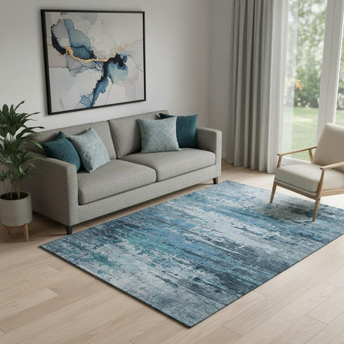 5' X 8' Blue And Gray Abstract Washable Area Rug With UV Protection