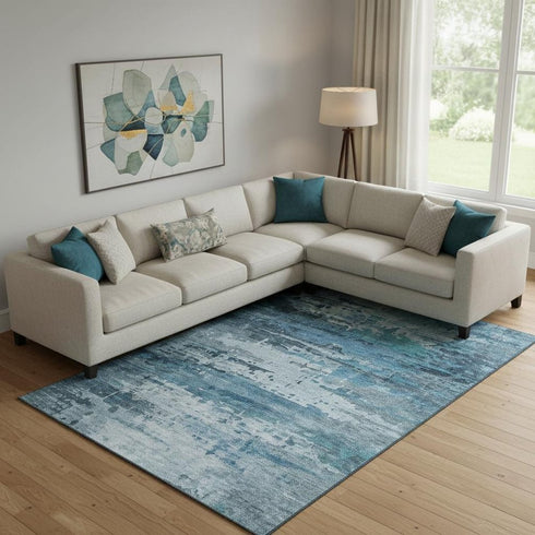 8' X 10' Blue And Gray Abstract Washable Area Rug With UV Protection