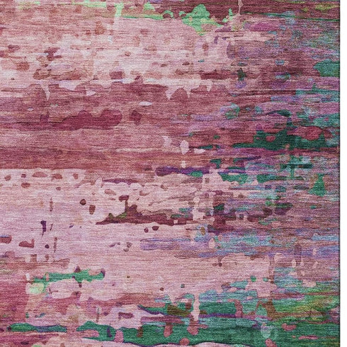 8' X 10' Pink And Green Abstract Washable Area Rug With UV Protection