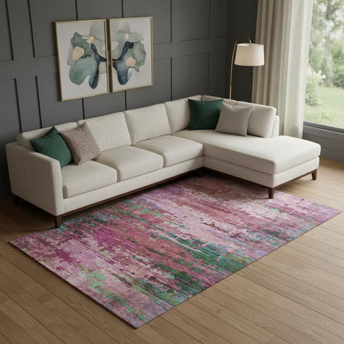 8' X 10' Pink And Green Abstract Washable Area Rug With UV Protection