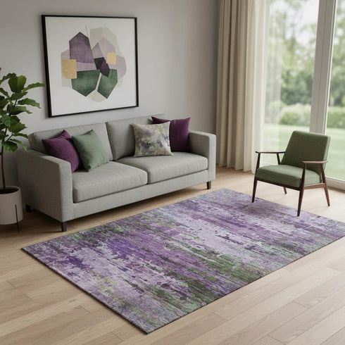 5' X 8' Purple And Green Abstract Washable Area Rug With UV Protection