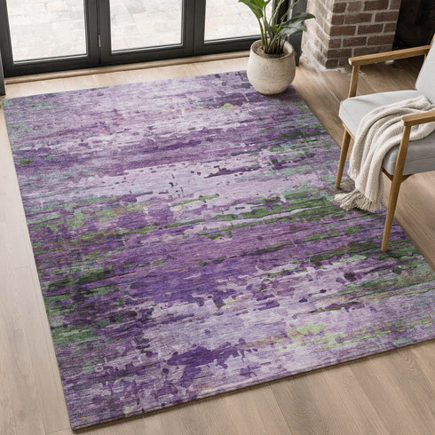 8' X 10' Purple And Green Abstract Washable Area Rug With UV Protection