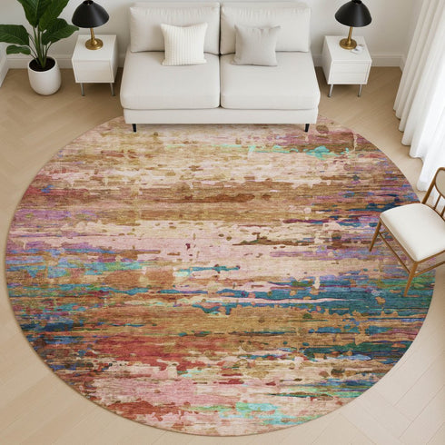 8' Sage And Teal Abstract Washable Round Rug With UV Protection