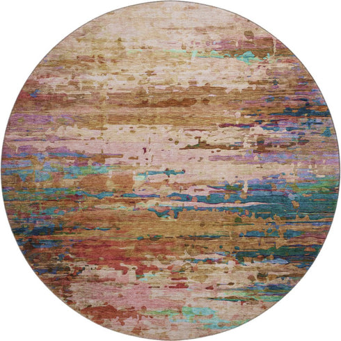 8' Sage And Teal Abstract Washable Round Rug With UV Protection