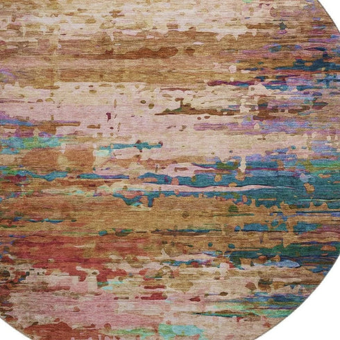 8' Sage And Teal Abstract Washable Round Rug With UV Protection