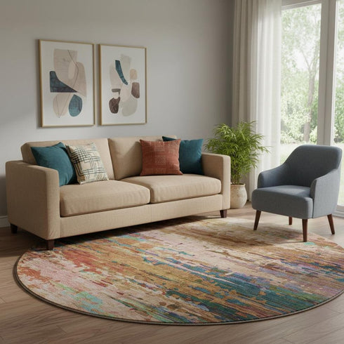 8' Sage And Teal Abstract Washable Round Rug With UV Protection