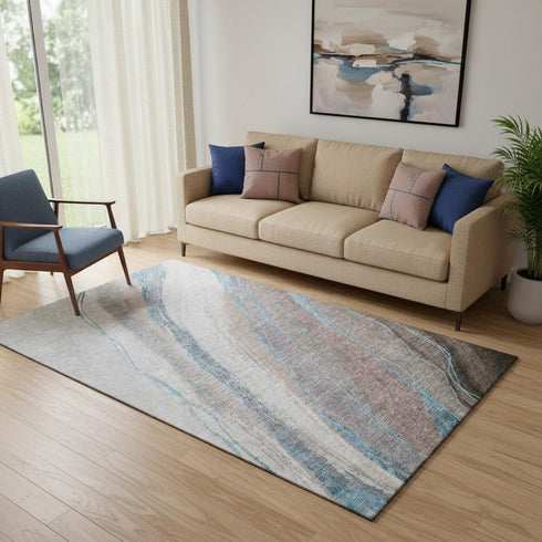 5' X 8' Brown And Blue Abstract Washable Area Rug With UV Protection