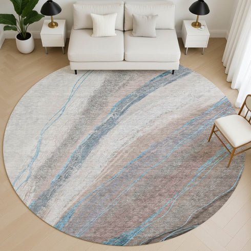 8' Brown And Blue Abstract Washable Round Rug With UV Protection