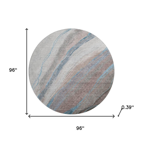 8' Brown And Blue Abstract Washable Round Rug With UV Protection