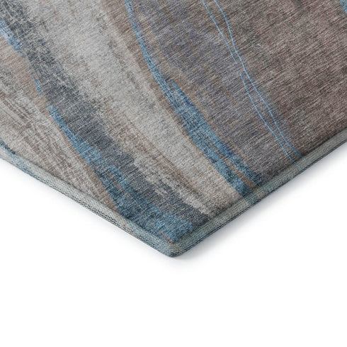 8' Brown And Blue Abstract Washable Round Rug With UV Protection