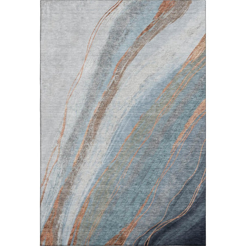 5' X 8' Blue And Copper Abstract Washable Area Rug With UV Protection
