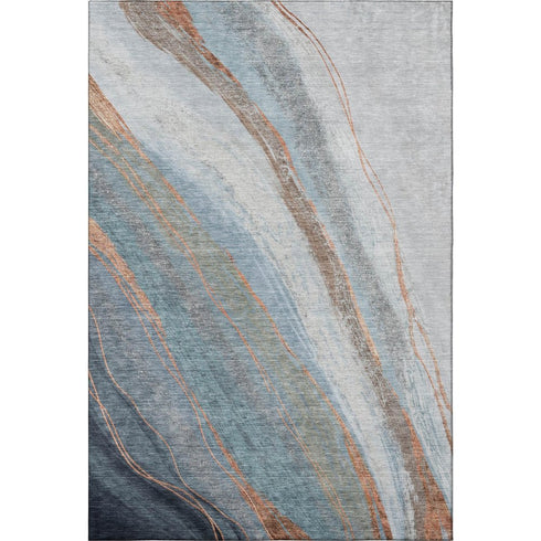 5' X 8' Blue And Copper Abstract Washable Area Rug With UV Protection