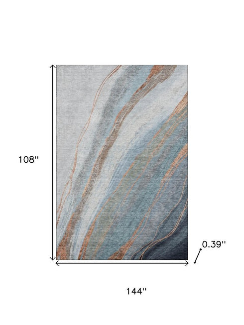 9' X 12' Blue And Copper Abstract Washable Area Rug With UV Protection