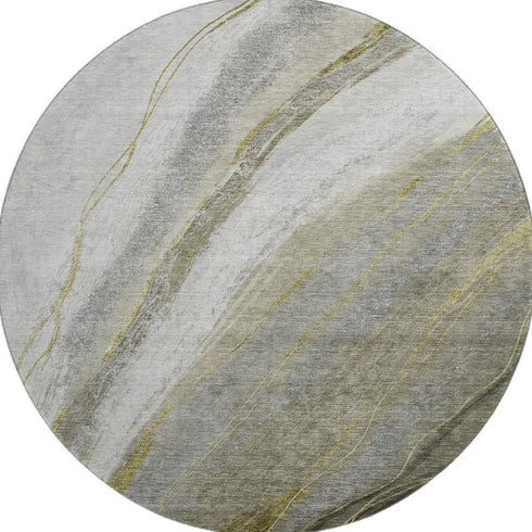 8' Pewter And Gray Abstract Washable Round Rug With UV Protection
