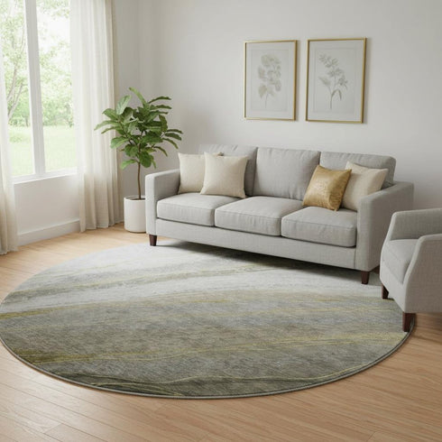 8' Pewter And Gray Abstract Washable Round Rug With UV Protection