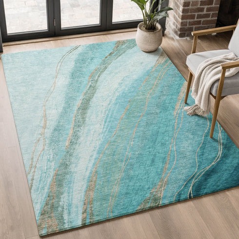 8' X 10' Turquoise And Teal Abstract Washable Area Rug With UV Protection