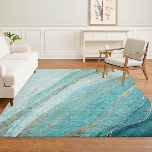 8' X 10' Turquoise And Teal Abstract Washable Area Rug With UV Protection