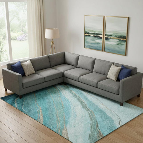 8' X 10' Turquoise And Teal Abstract Washable Area Rug With UV Protection
