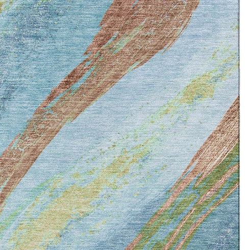 5' X 8' Blue And Copper Abstract Washable Area Rug With UV Protection