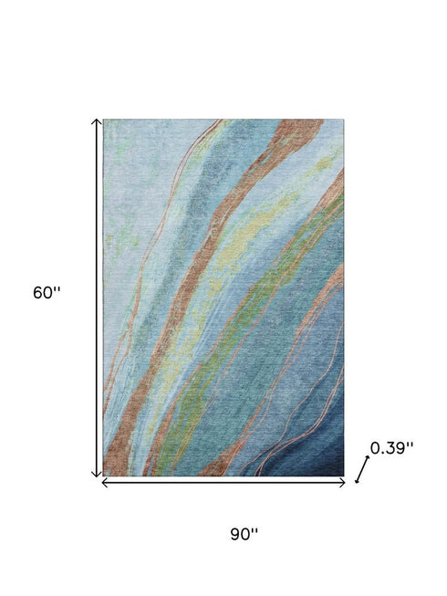 5' X 8' Blue And Copper Abstract Washable Area Rug With UV Protection