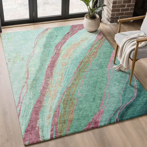 8' X 10' Green And Blush Abstract Washable Area Rug With UV Protection