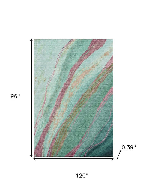 8' X 10' Green And Blush Abstract Washable Area Rug With UV Protection