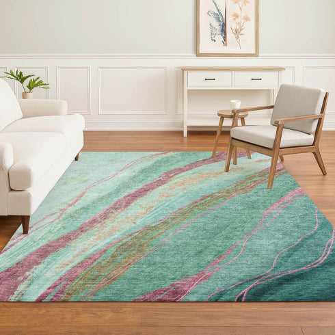 8' X 10' Green And Blush Abstract Washable Area Rug With UV Protection