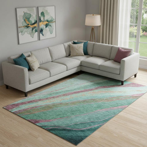 8' X 10' Green And Blush Abstract Washable Area Rug With UV Protection