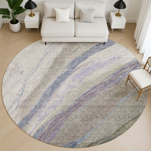 8' Coffee And Purple Abstract Washable Round Rug With UV Protection