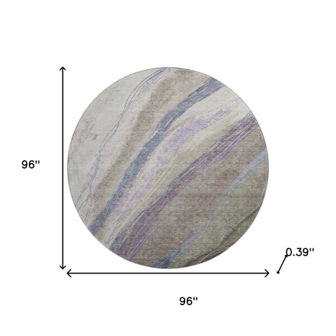 8' Coffee And Purple Abstract Washable Round Rug With UV Protection