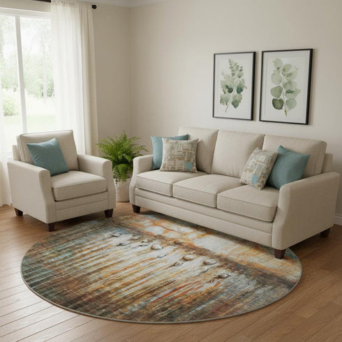 8' Rust And Gray Abstract Washable Round Rug With UV Protection