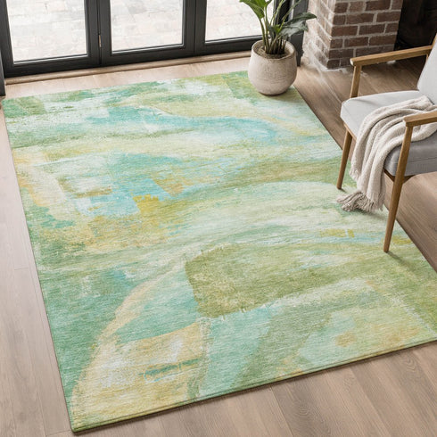 8' X 10' Green And Teal Abstract Washable Area Rug With UV Protection