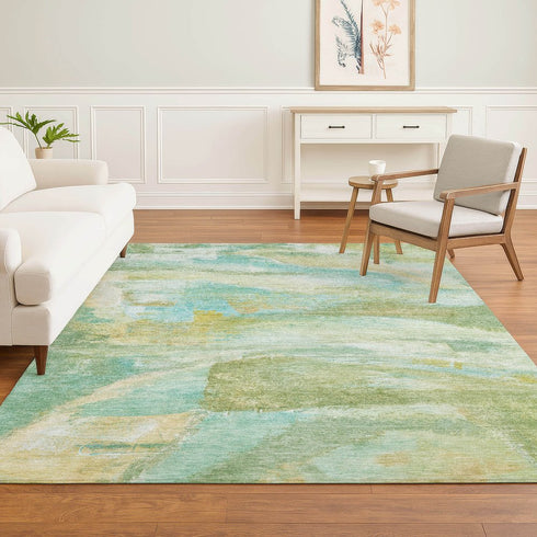 9' X 12' Green And Teal Abstract Washable Area Rug With UV Protection