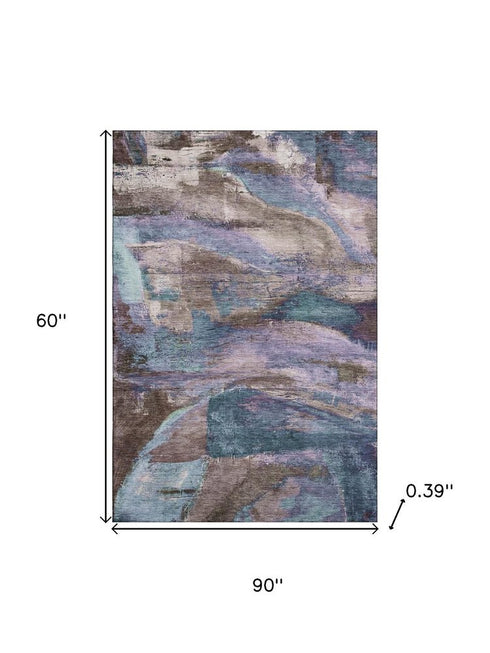 5' X 8' Coffee And Blue Abstract Washable Area Rug With UV Protection