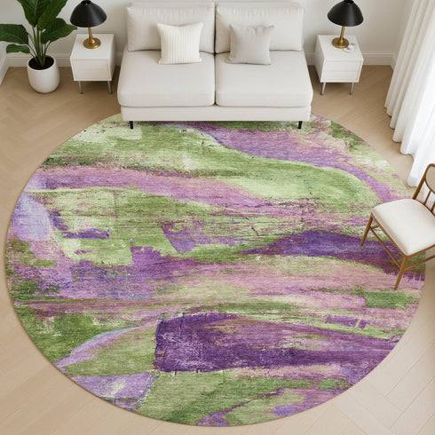 8' Purple And Green Abstract Washable Round Rug With UV Protection