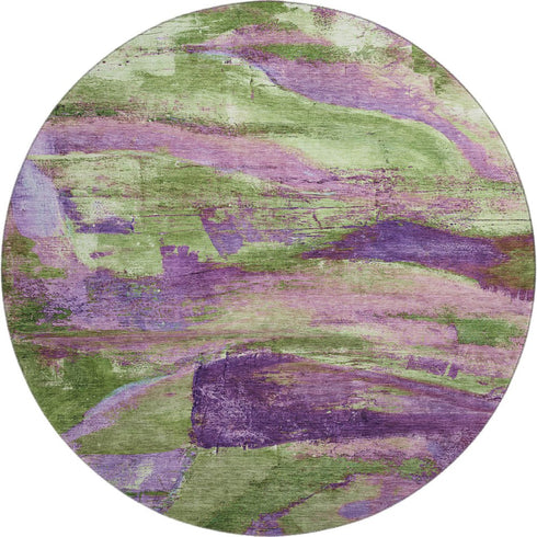 8' Purple And Green Abstract Washable Round Rug With UV Protection